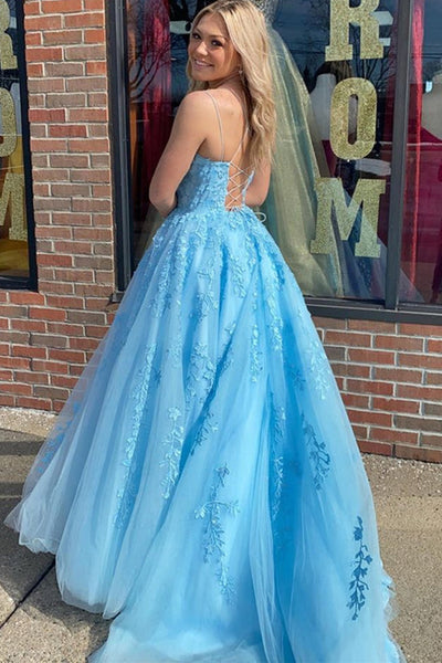Open Back Blue Lace Tulle Long Prom Dress, Light Blue Lace Formal Dress, Light Blue Evening Dress A1434