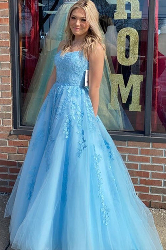 Open Back Blue Lace Tulle Long Prom Dress, Light Blue Lace Formal Dress, Light Blue Evening Dress A1434