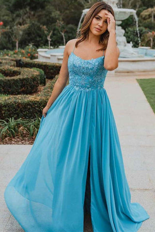 Open Back Blue Lace Tulle Long Prom Dress with High Slit, Blue Lace Formal Graduation Evening Dress A1554