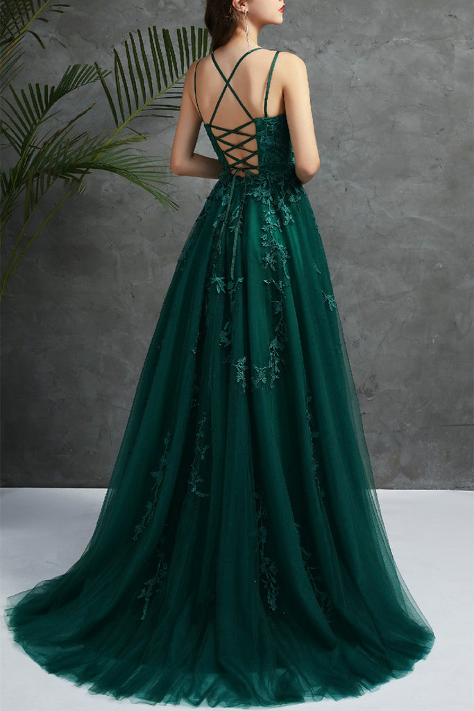 Open Back Dark Green Tulle Lace Long Prom Dress, Dark Green Lace Forma abcprom Open Back Dark Green Tulle Lace Long Prom Dress, Dark Green Lace Forma abcprom