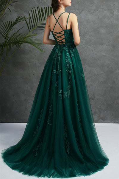 Open Back Dark Green Tulle Lace Long Prom Dress, Dark Green Lace Formal Dress, Dark Green Evening Dress A1507