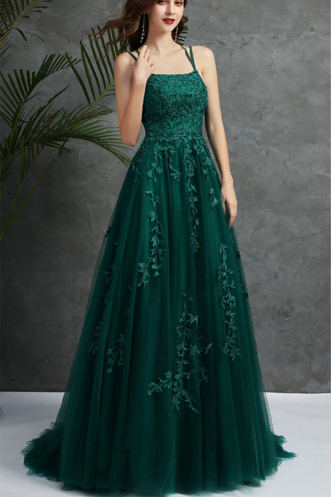 Open Back Dark Green Tulle Lace Long Prom Dress, Dark Green Lace Forma abcprom Open Back Dark Green Tulle Lace Long Prom Dress, Dark Green Lace Forma abcprom