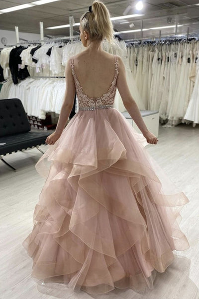 Open Back Fluffy Pink Lace Long Prom Dress, Pink Lace Formal Evening Dress, Pink Ball Gown A1276