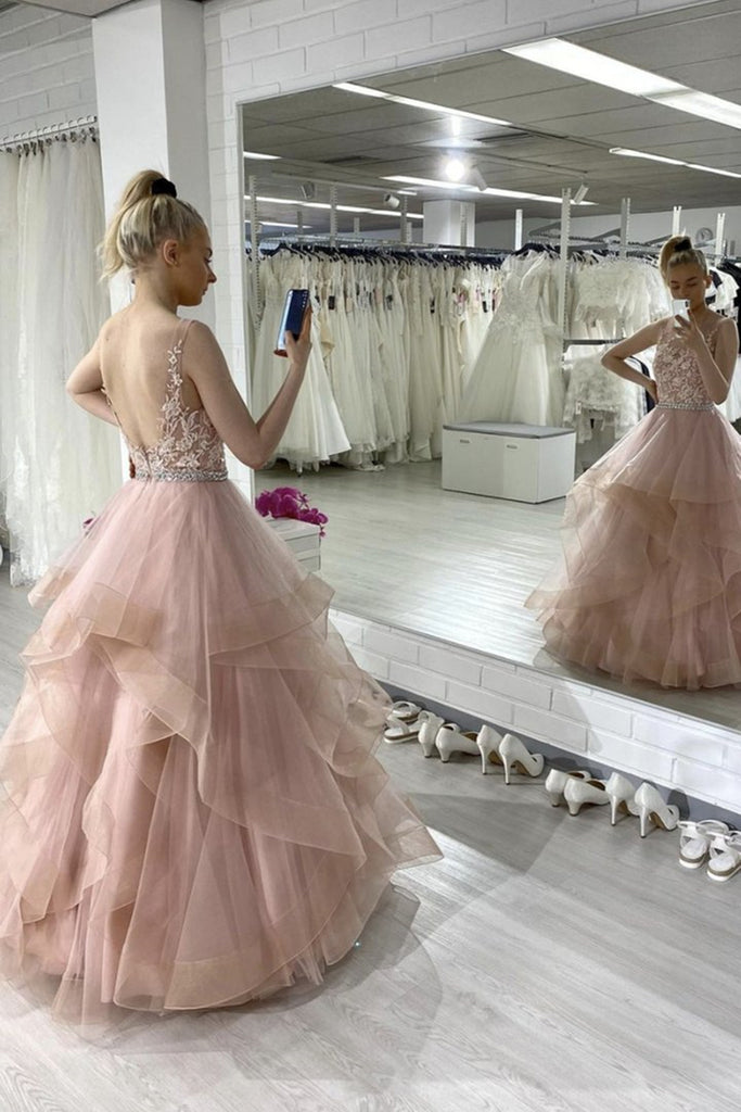 Open Back Fluffy Pink Lace Long Prom Dress, Pink Lace Formal Evening D abcprom Open Back Fluffy Pink Lace Long Prom Dress, Pink Lace Formal Evening D abcprom