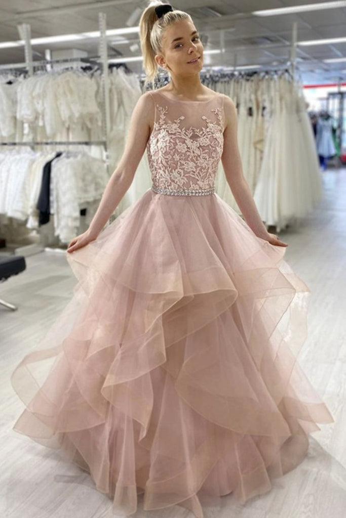 Open Back Fluffy Pink Lace Long Prom Dress, Pink Lace Formal Evening Dress, Pink Ball Gown A1276