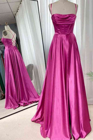 Open Back Fuchsia Satin Ruched Long Prom Dress, Long Fuchsia Formal Graduation Evening Dress A1826