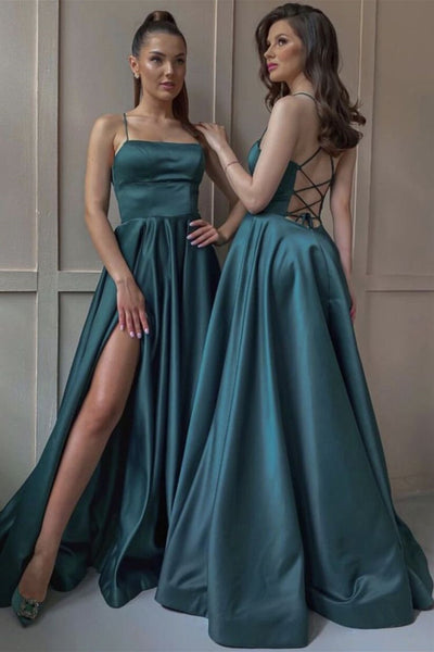 Open Back Green Satin Long Prom Dress with Slit, Open Back Green Formal Dress, Green Evening Dress