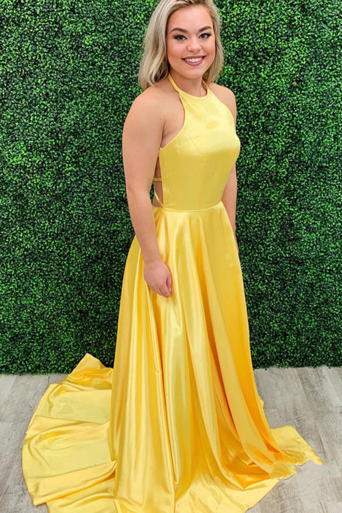Open Back Halter Neck Yellow Satin Long Prom Dress, Backless Yellow Fo abcprom Open Back Halter Neck Yellow Satin Long Prom Dress, Backless Yellow Fo abcprom
