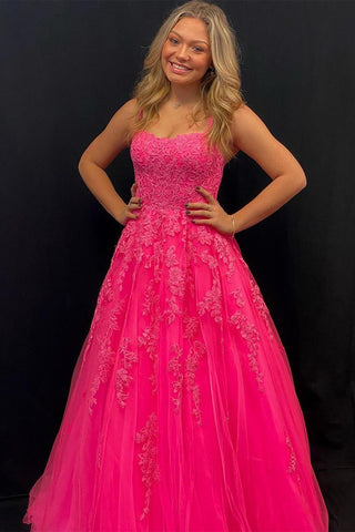 Open Back Hot Pink Lace Long Prom Dress with Appliques, Hot Pink Lace Formal Graduation Evening Dress A1452