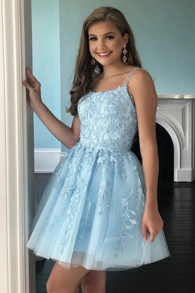 Open Back Light Blue Lace Short Homecoming Prom Dress, Light Blue Lace ...