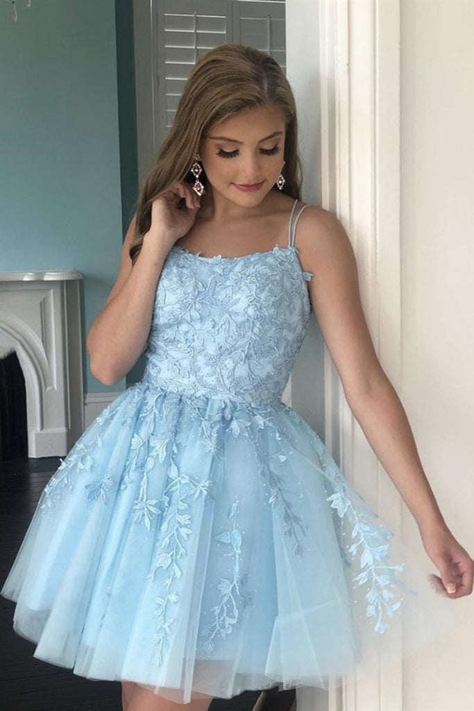 Open Back Light Blue Lace Short Homecoming Prom Dress, Light Blue Lace abcprom Open Back Light Blue Lace Short Homecoming Prom Dress, Light Blue Lace abcprom