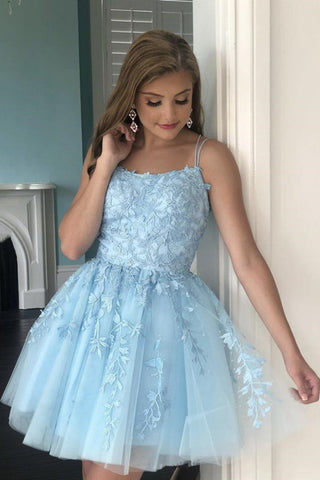 Open Back Light Blue Lace Short Homecoming Prom Dress Light Blue Lace abcprom
