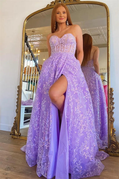 Open Back Long Sleeves Purple Lace Prom Dresses with High Slit, Purple Lace Formal Evening Dresses Long A1862