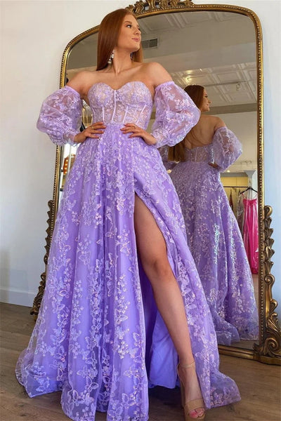 Open Back Long Sleeves Purple Lace Prom Dresses with High Slit, Purple Lace Formal Evening Dresses Long A1862