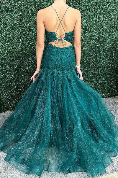 Open Back Mermaid Green Lace Long Prom Dress, Mermaid Green Formal Evening Dress, Green Lace Ball Gown A1814