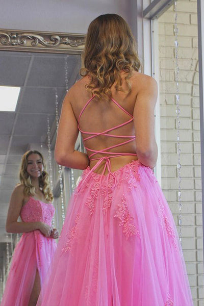 Open Back Pink Lace Long Prom Dress with High Slit, Backless Pink Formal Dress, Pink Lace Evening Dress A1475