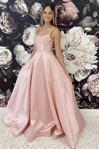 Open Back Pink Satin Long Prom Dress, Pink Formal Graduation Evening Dress