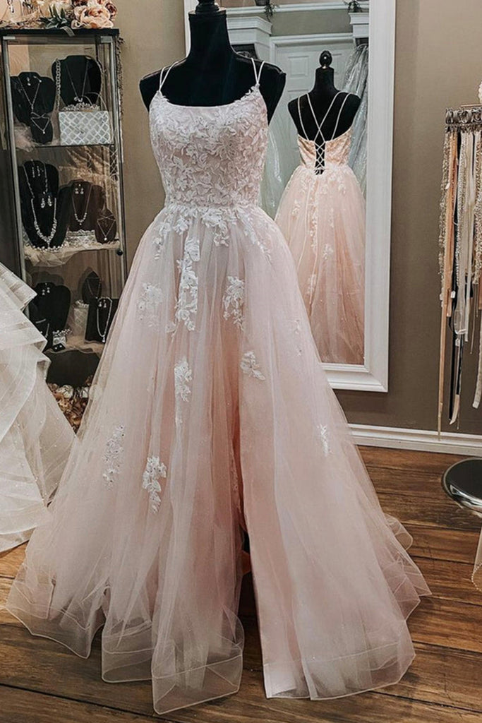 Open Back Pink Tulle Lace Long Prom Dress with Appliques, Pink Lace Formal Graduation Evening Dress A1444