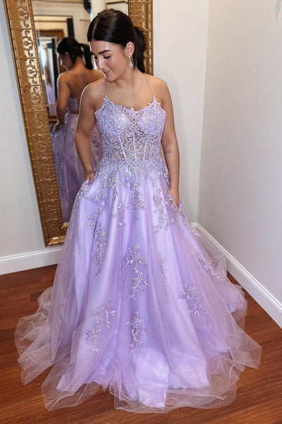Open Back Purple Lace Tulle Long Prom Dress, Purple Lace Formal Dress, Long Purple Evening Dress A1857