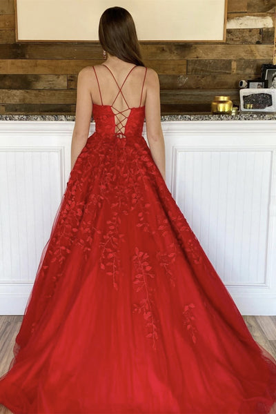Open Back Red Tulle Lace Long Prom Dress, Red Lace Formal Dress, Red Evening Dress A1402