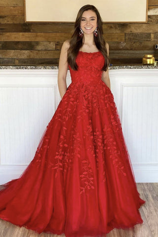 Open Back Red Tulle Lace Long Prom Dress, Red Lace Formal Dress, Red Evening Dress A1402