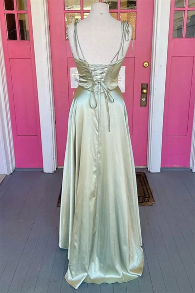 Open Back Sage Satin Long Prom Dress with High Slit, Long Sage Formal Graduation Evening Dress A1617