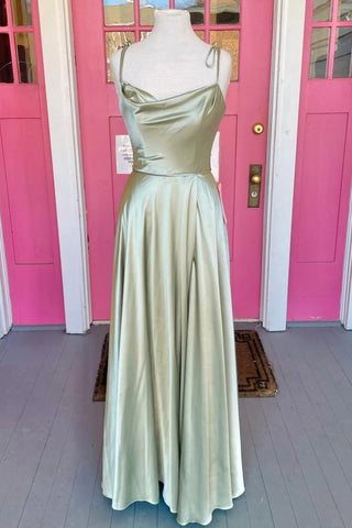 Open Back Sage Satin Long Prom Dress with High Slit, Long Sage Formal Graduation Evening Dress A1617