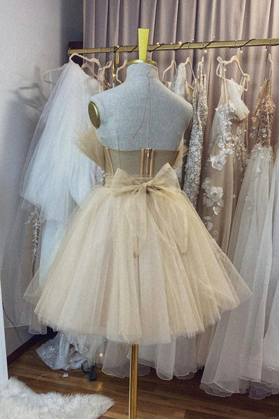 Open Back Strapless Champagne Tulle Short Prom Homecoming Dress, Strapless Champagne Formal Graduation Evening Dress A1607