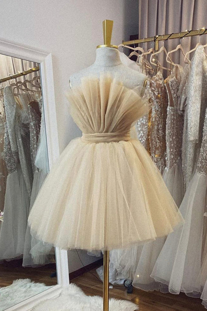 Open Back Strapless Champagne Tulle Short Prom Homecoming Dress, Strap abcprom Open Back Strapless Champagne Tulle Short Prom Homecoming Dress, Strap abcprom