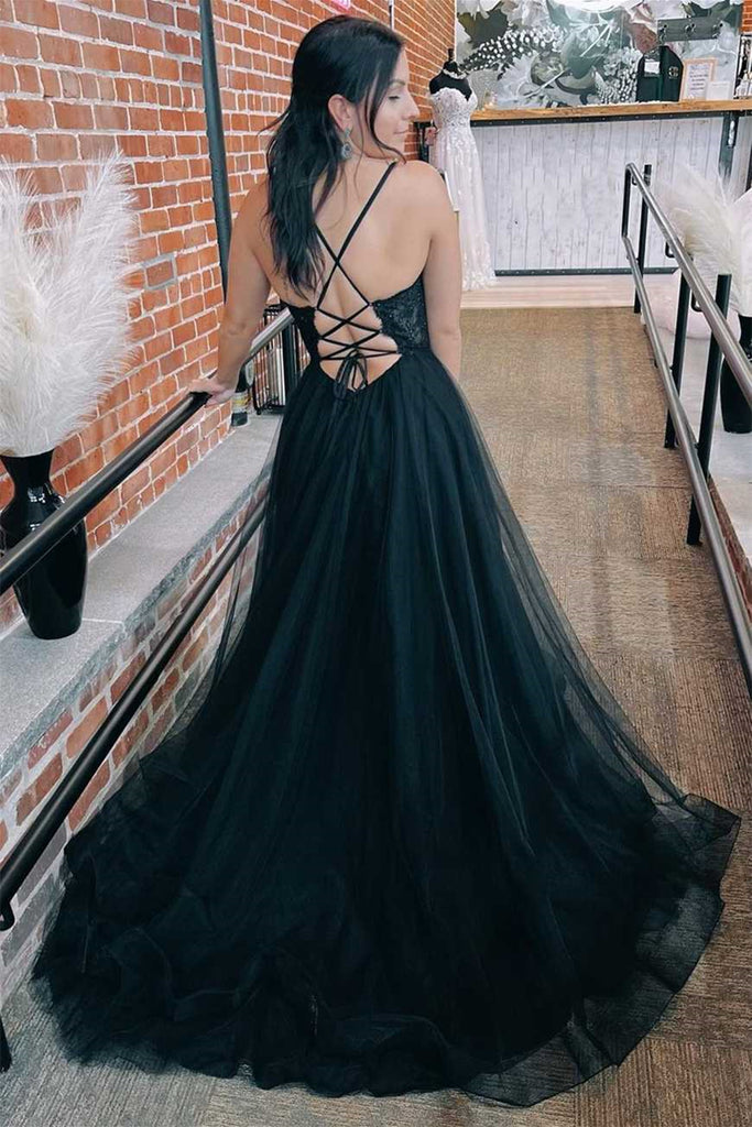 Open Back V Neck Black Lace Top Long Prom Dress with High Slit, Black abcprom Open Back V Neck Black Lace Top Long Prom Dress with High Slit, Black abcprom