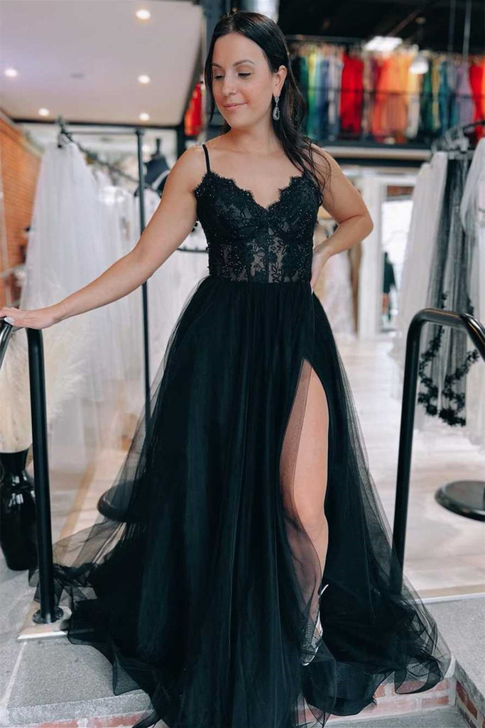 Open Back V Neck Black Lace Top Long Prom Dress with High Slit, Black Lace Formal Graduation Evening Dress A1786 Open Back V Neck Black Lace Top Long Prom Dress with High Slit, Black Lace Formal Graduation Evening Dress A1786
