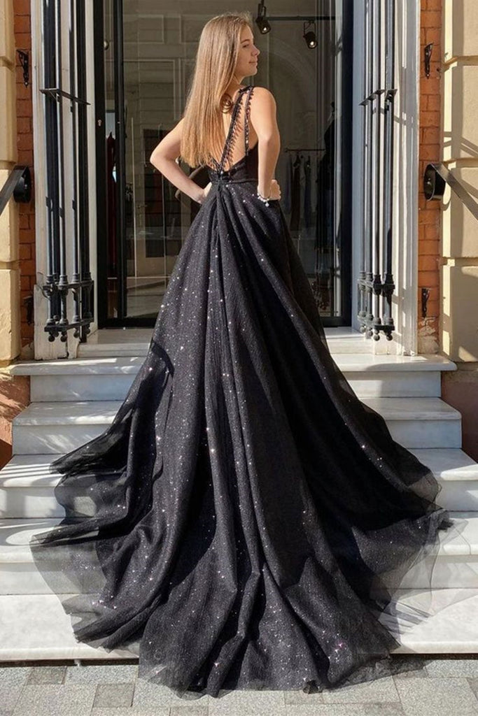 Open Back V Neck Black Tulle Long Prom Dresses, Shiny Black Formal Dre abcprom Open Back V Neck Black Tulle Long Prom Dresses, Shiny Black Formal Dre abcprom