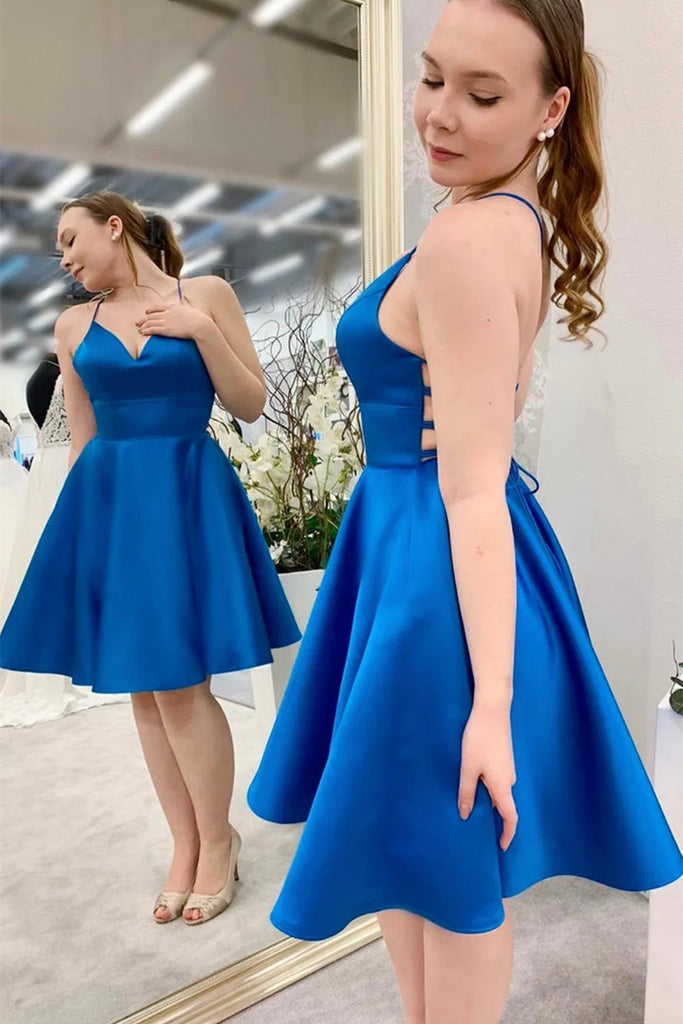 Open Back V Neck Blue Satin Short Prom Homecoming Dress, V Neck Blue Formal Graduation Evening Dress A1606