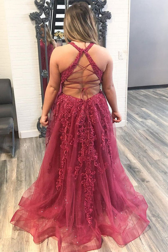 maroon burgundy prom dresses BABARONI BABARONI Tulle Burgundy Prom Dresses A-line Plunging V-Neck Sleeveless Ruffle Pleated, Burgundy / US0