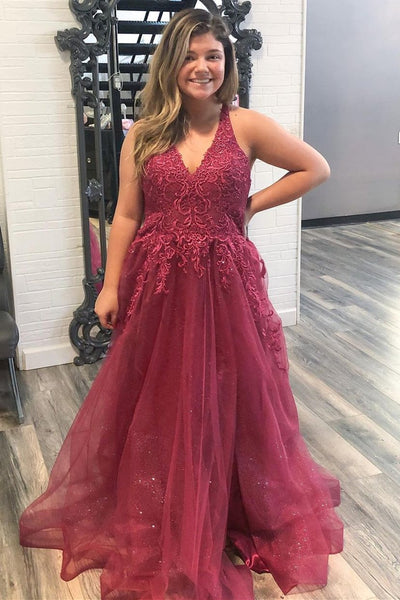 Open Back V Neck Burgundy Lace Long Prom Dress, Maroon Lace Formal Dress, Burgundy Tulle Evening Dress A1561