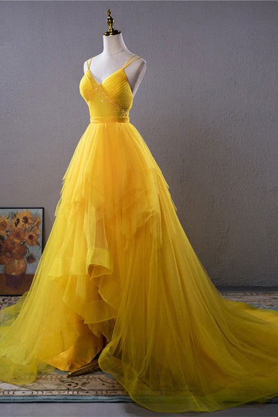 Open Back V Neck High Low Yellow Tulle Long Prom Dress, High Low Yellow Formal Evening Dress A1681