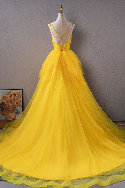 Open Back V Neck High Low Yellow Tulle Long Prom Dress, High Low Yellow Formal Evening Dress A1681