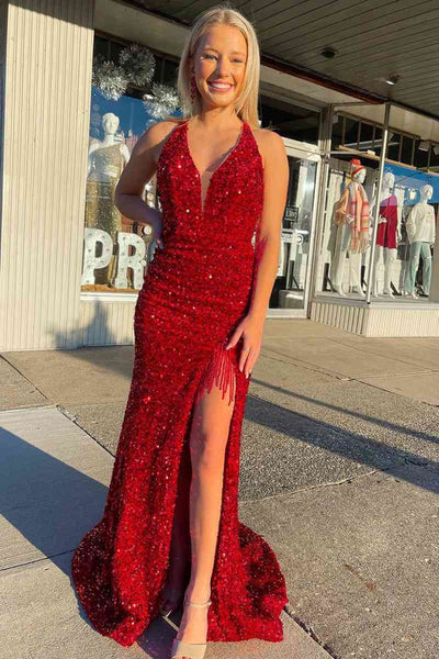 Open Back V Neck Mermaid Burgundy Sequins Long Prom Dress, Mermaid Bur ...