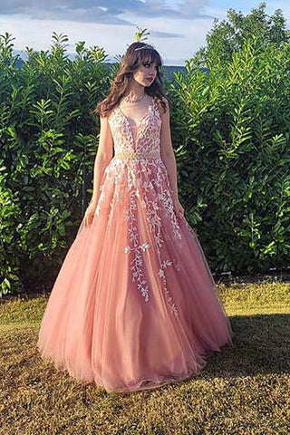 Open Back V Neck Pink Lace Long Prom Dress, Pink Lace Formal Dress, Pink Evening Dress A1663