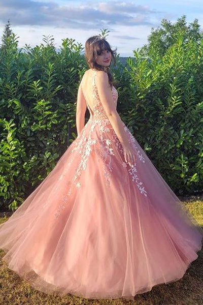 Open Back V Neck Pink Lace Long Prom Dress, Pink Lace Formal Dress, Pink Evening Dress A1663