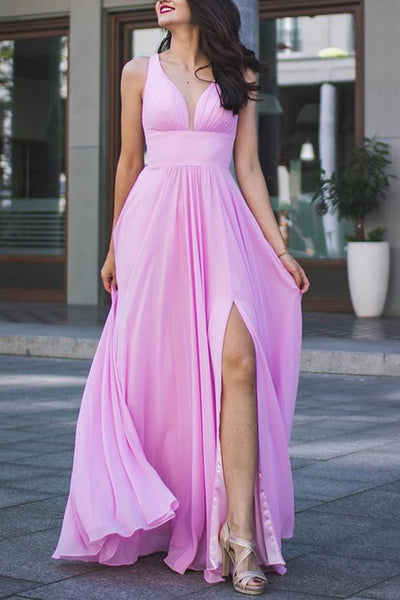Open Back V Neck Pink Long Prom Dress with High Slit, Long Pink Formal Evening Dress, Pink Bridesmaid Dress A1821