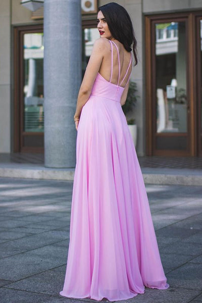 Open Back V Neck Pink Long Prom Dress with High Slit, Long Pink Formal Evening Dress, Pink Bridesmaid Dress A1821