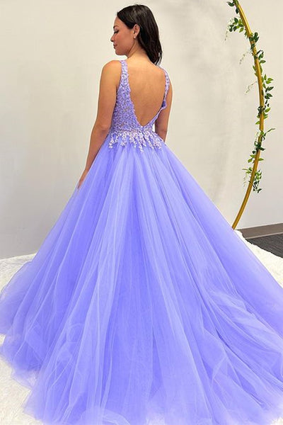 Open Back V Neck Purple Lace Long Prom Dress, Purple Lace Formal Dress, Purple Tulle Evening Dress A1800