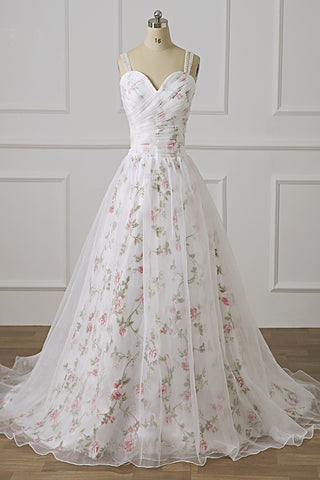 Open Back White Lace Long Prom Dress with Appliques, White Formal Graduation Evening Dress with Lace Flower