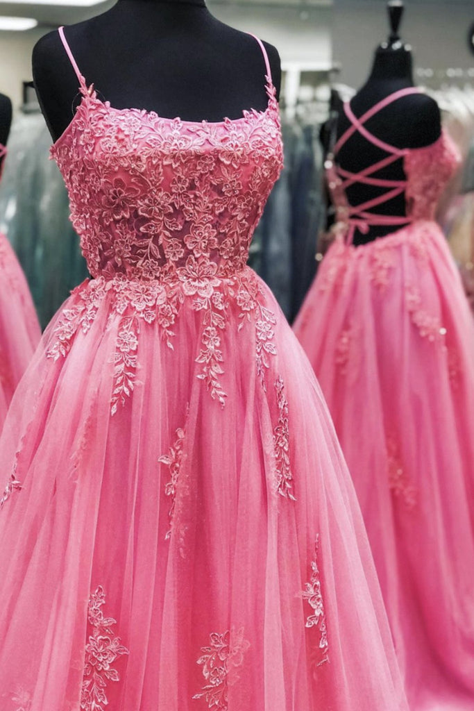 Pink Tulle Backless Lace Floral Long Prom Dress, Pink Lace Formal Dress, Pink Evening Dress