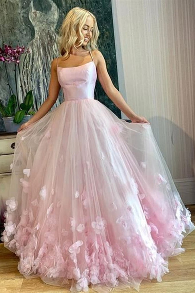 Pink Tulle Floral Long Prom Dresses, Spaghetti Straps Pink Floral Long Formal Evening Dresses