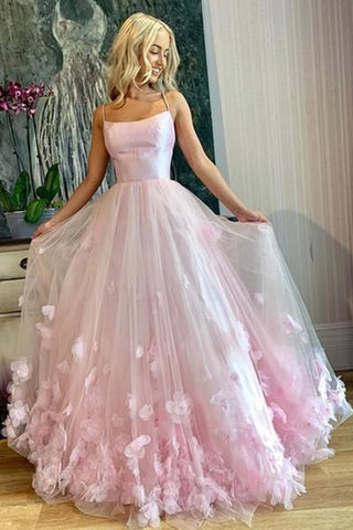 Pink Tulle Floral Long Prom Dresses, Spaghetti Straps Pink Floral Long –  abcprom