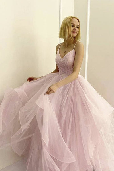 Pink Tulle V Neck Fluffy Long Prom Dress, V Neck Pink Formal Evening Dress, Pink Ball Gown