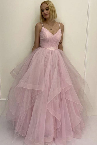 Pink Tulle V Neck Fluffy Long Prom Dress, V Neck Pink Formal Evening Dress, Pink Ball Gown