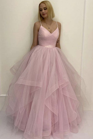 Pink Tulle V Neck Fluffy Long Prom Dress, V Neck Pink Formal Evening Dress, Pink Ball Gown
